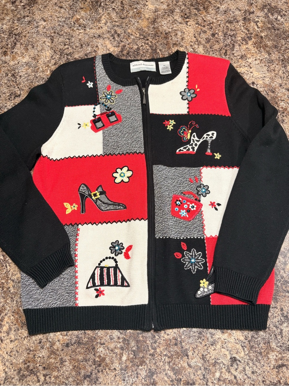 Alfred Dunner Black Red White Colorblock Embroidered Zip Cardigan